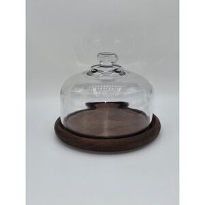 Vintage Goodwood Teak Wood Cheese Dome Cake Stand with Glass Cloche Lid 7.5"